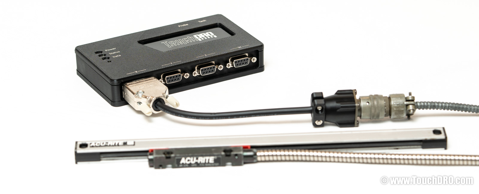 TouchDRO adapter connected to an Acu-Rite glass scale via a 6-pin MS twist-lock to DB-9 adapter cable