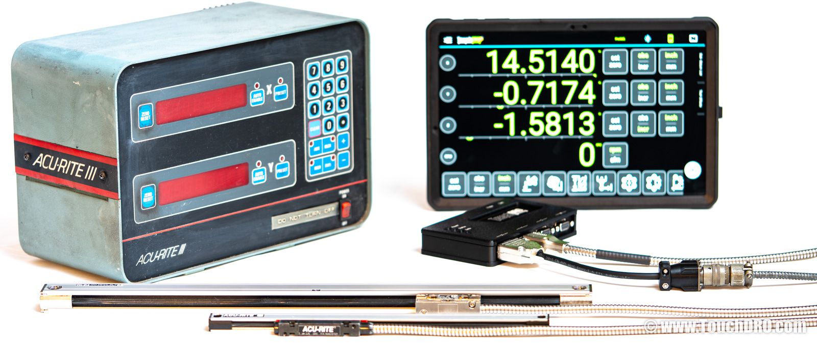 Replace your failed Acu-Rite III DRO with TouchDRO — keep your existing Acu-Rite glass scales, add a TouchDRO adapter and tablet (shown with 6-pin MS twist-lock to DB-9 adapter cable)