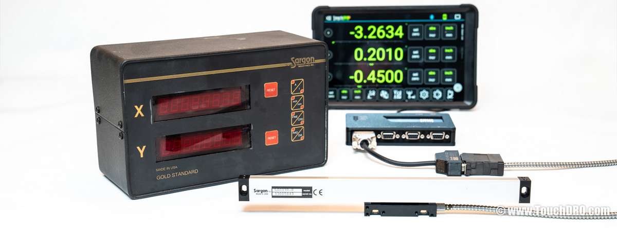 Replace your failed Sargon Gold Standard DRO with TouchDRO — keep your existing Sargon glass scales, add a TouchDRO adapter and tablet (shown with DB-25 to DB-9 adapter cable)