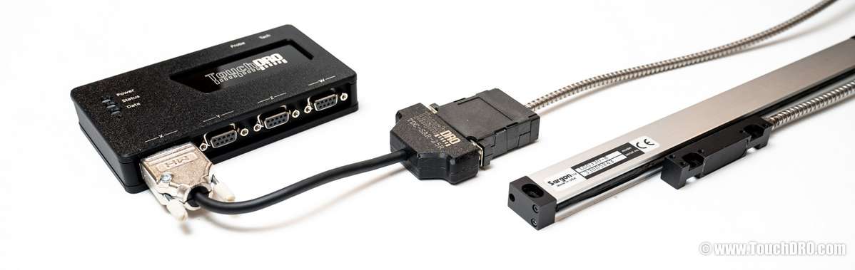 Sargon glass scale connected to a TouchDRO via a DB-25 to DB-9 adapter cable