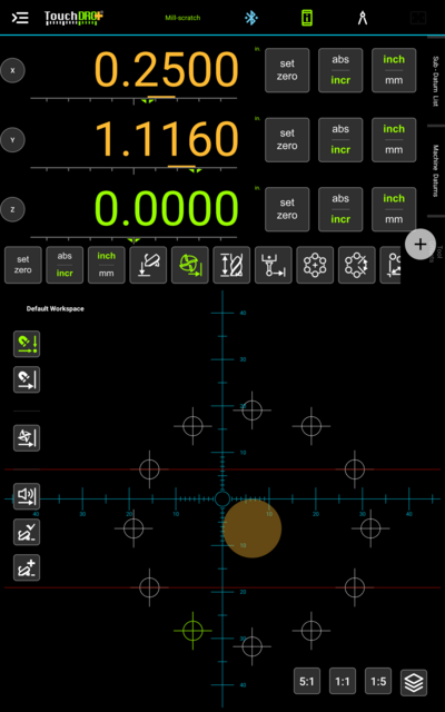 Fig. 1: The main TouchDRO display in portrait orientation, with the graphical view below the readouts TouchDRO main display in portrait orientation with the graphical view below the axis readouts