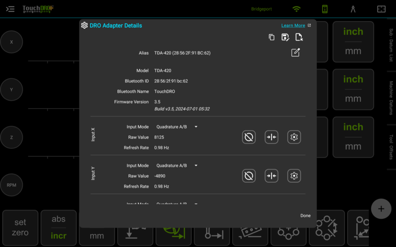 Fig. 3: The header row, the alias, the adapter information, and the first two scale inputs The top of the DRO Adapter Details dialog, with the copy, export, and import icons in the header row, the Alias row with its edit button, the model, Bluetooth ID, Bluetooth name, and firmware rows, and the first two scale inputs below