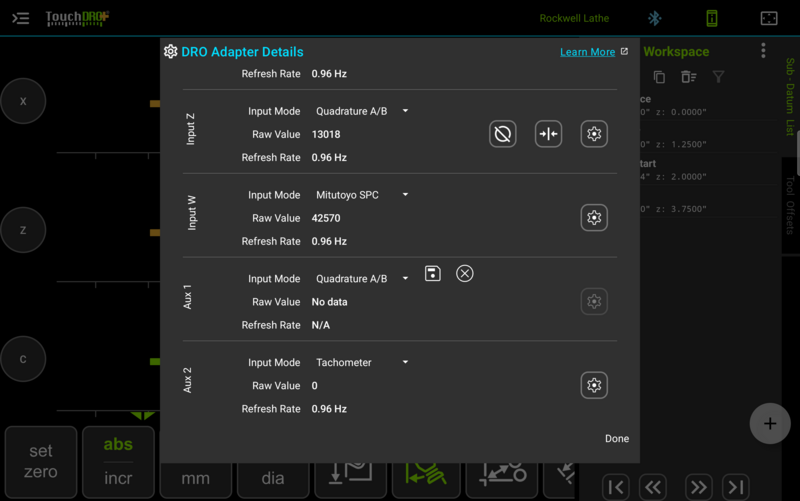 Fig. 4: A pending mode change on Aux 1. Save and Cancel sit beside the dropdown, and that input's gear is disabled Fig. 4: A pending mode change on Aux 1. Save and Cancel sit beside the dropdown, and that input's gear is disabled