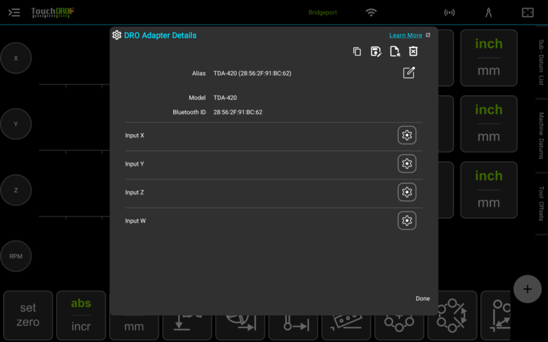Fig. 2: The same dialog opened from "Adapter Profiles" while disconnected: the stored settings, with no live values The DRO Adapter Details dialog for a stored TDA-420 adapter opened while disconnected, with the copy, export, import, and forget icons, the alias, model, and Bluetooth ID rows, and one gear button per input with no live values
