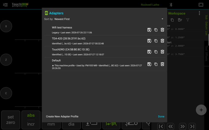 Fig. 1: The adapter list, opened from "Adapter Profiles" in the application menu