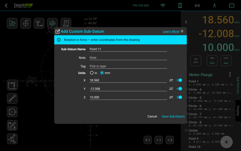 Fig. 7: With a rotation in force, the dialog says which frame it is taking. A -45.00° rotation is showing on the canvas behind it. The Add Custom Sub-Datum dialog with a notice across the top saying a rotation is in force and to enter coordinates from the drawing