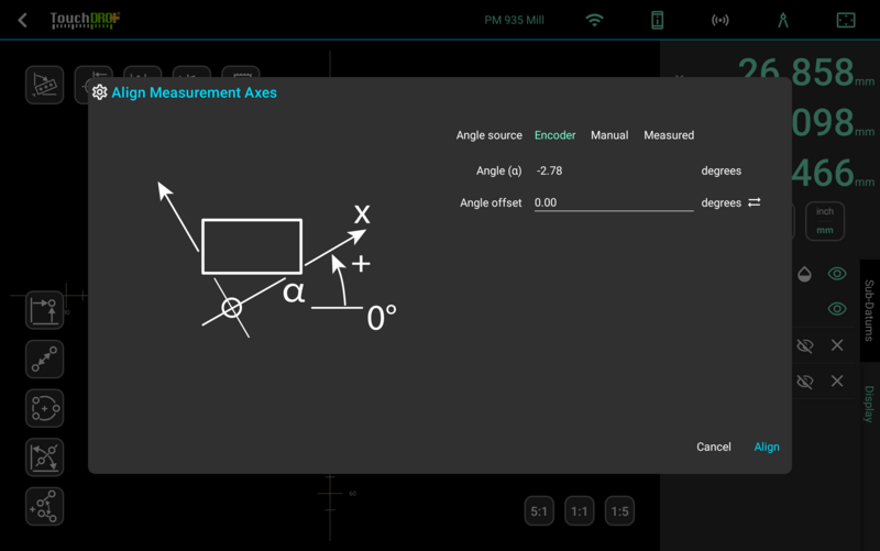 The Align Measurement Axes dialog with Encoder selected, showing a live angle and an angle offset field