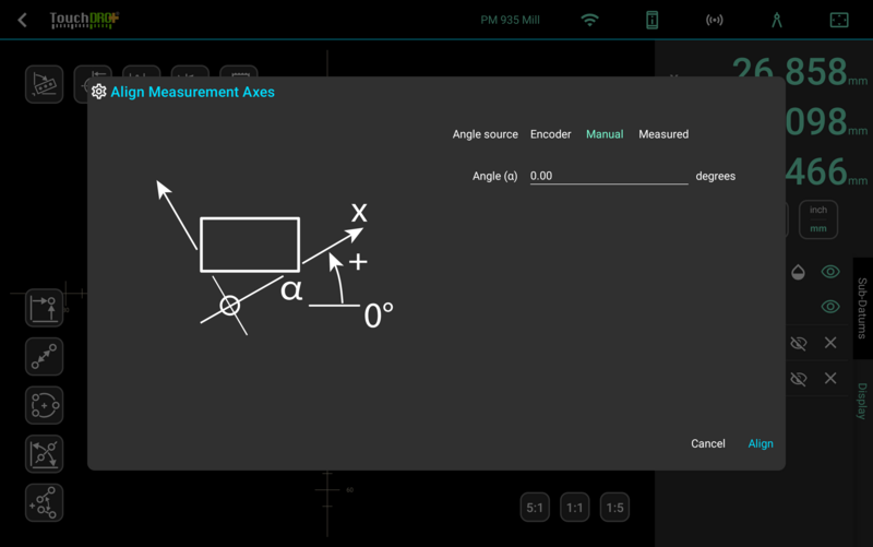 The Align Measurement Axes dialog with Manual selected and the angle field open for typing