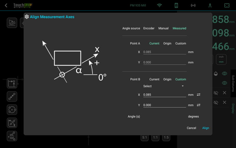 The Align Measurement Axes dialog with Measured selected, showing the Point A and Point B rows