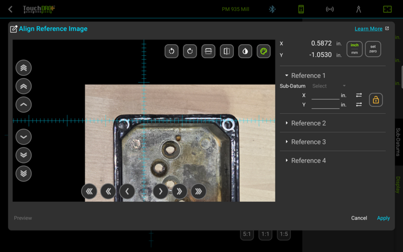 Fig. 2: The Align Reference Image dialog with a photo loaded Align Reference Image dialog with a color enclosure photo loaded and the Reference 1 panel expanded, its X and Y fields blank