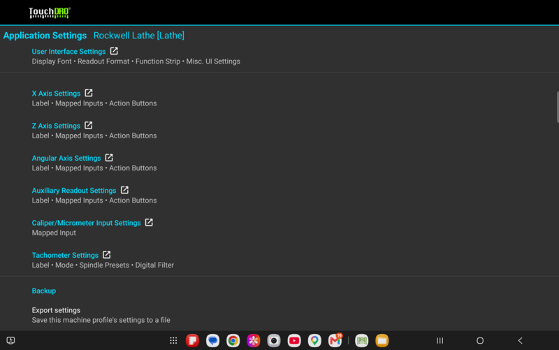 Fig. 8: "Export settings" under "Backup" at the bottom of the "Application Settings" screen