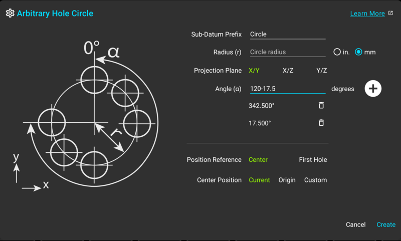Fig. 1: The "Arbitrary Hole Circle" dialog with two angles entered and a third being typed Arbitrary Hole Circle dialog on a TouchDRO mill digital readout with a radius entered and two angles in the list