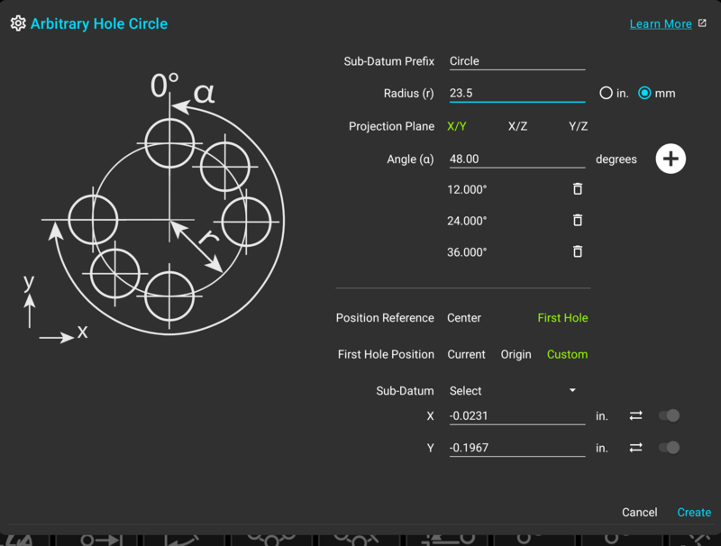 Fig. 2: Positioning the pattern by its first hole, with custom coordinates Arbitrary Hole Circle dialog with position reference set to first hole and custom coordinates expanded