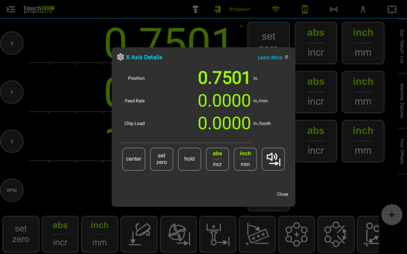 The X Axis Details dialog opened by tapping the X readout, showing the position, feed rate, and chip load with the center, set zero, hold, abs/incr, inch/mm, and near-zero warning buttons