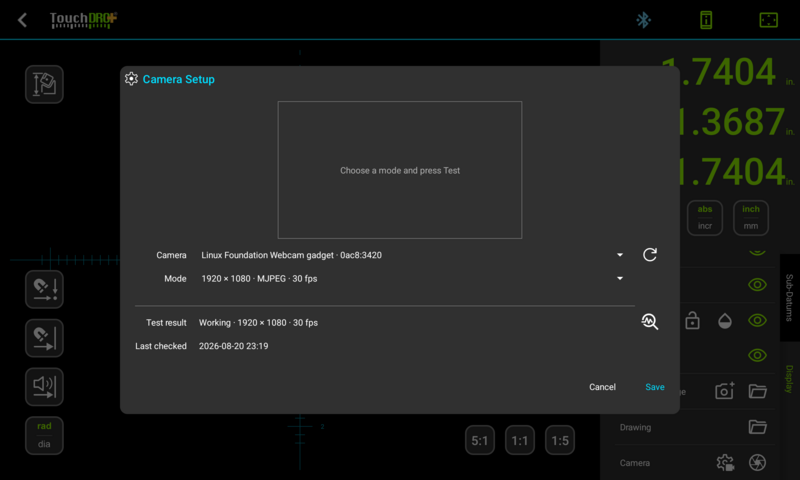 The Camera Setup dialog with a camera selected and a tested, working mode