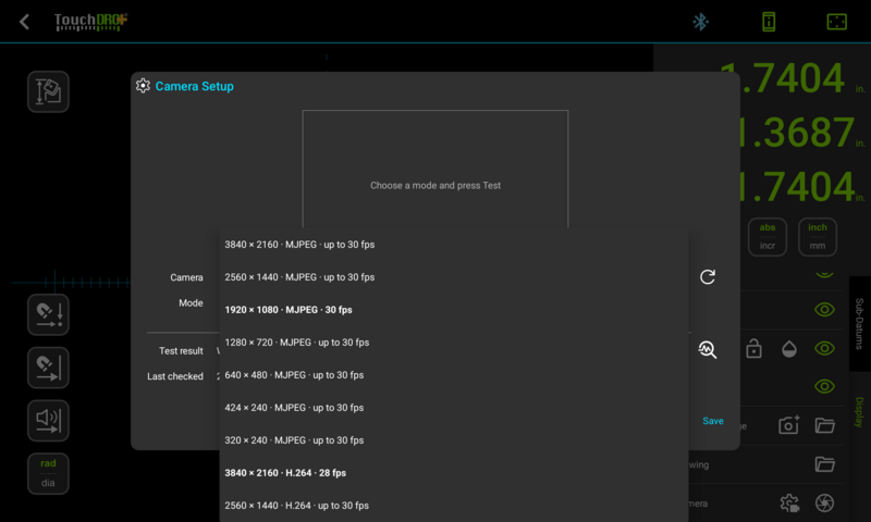 The open mode dropdown in the Camera Setup dialog, with proven modes shown in bold with measured frame rates and untested modes shown plain