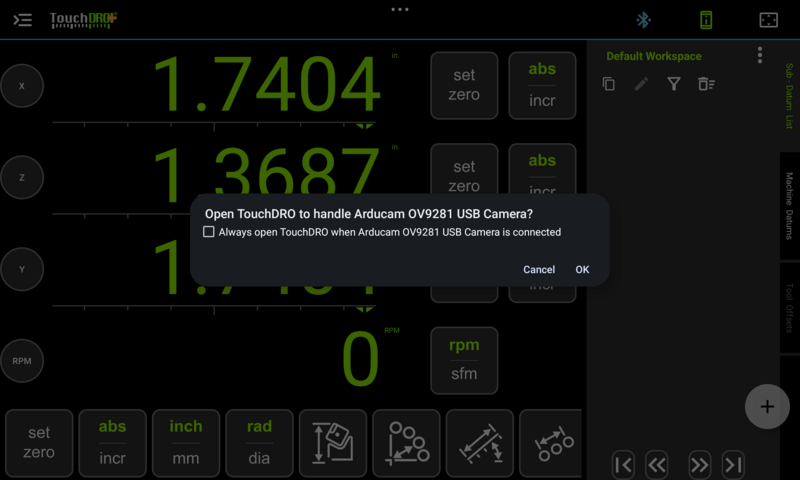 The Android prompt asking whether to open TouchDRO to handle the USB camera, with the Always open TouchDRO checkbox