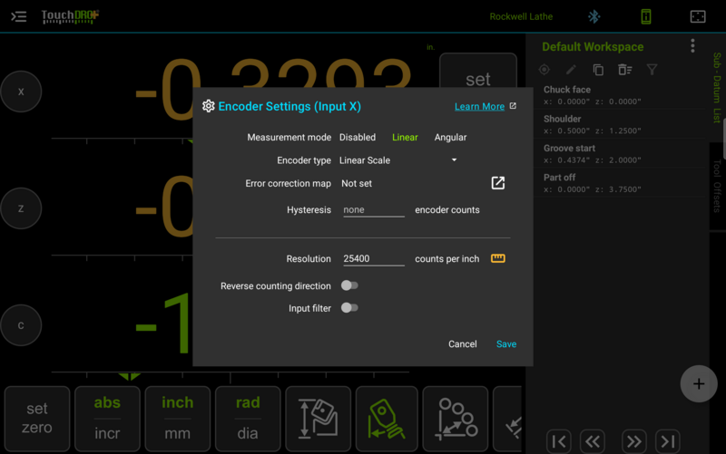 Fig. 3: The "Encoder Settings (Input X)" dialog, with "Linear Scale" selected