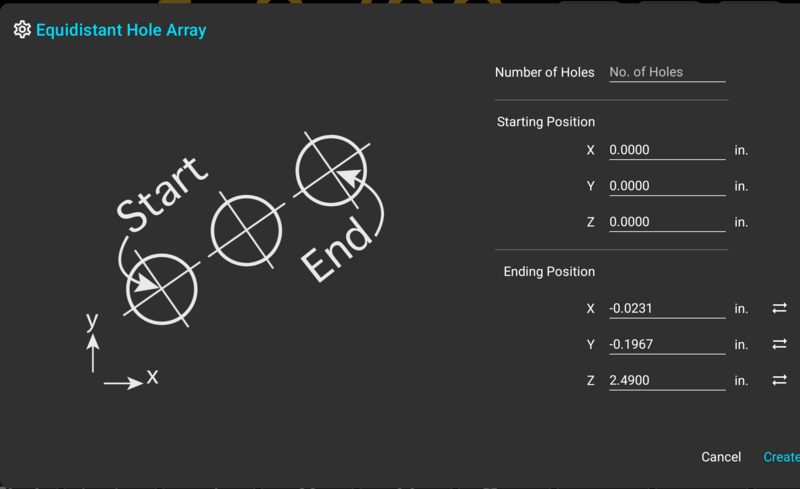 Fig. 1: The "Equidistant Hole Array" dialog Equidistant Hole Array dialog on a TouchDRO mill digital readout with hole count and start and end positions