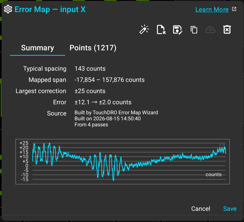 TouchDRO error correction map editor showing the map summary and error curve