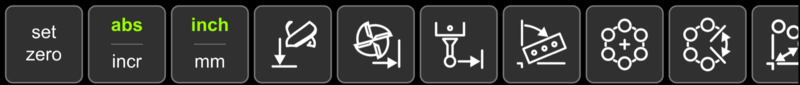 The function strip on a milling machine, with the global Set Zero, abs/incr, and inch/mm buttons on the left and the function buttons to their right