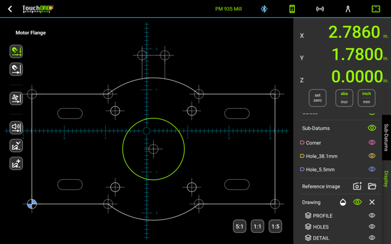 TouchDRO graphical view with an imported CAD drawing of a motor flange at true scale and the crosshairs on a hole center