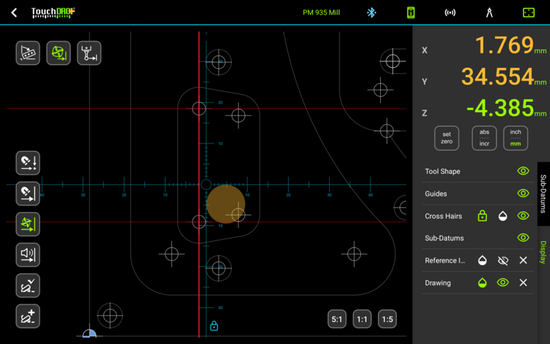 Graphical View: the cutter drawn to scale against a guide line, with the drawing and stored coordinates on the same screen.