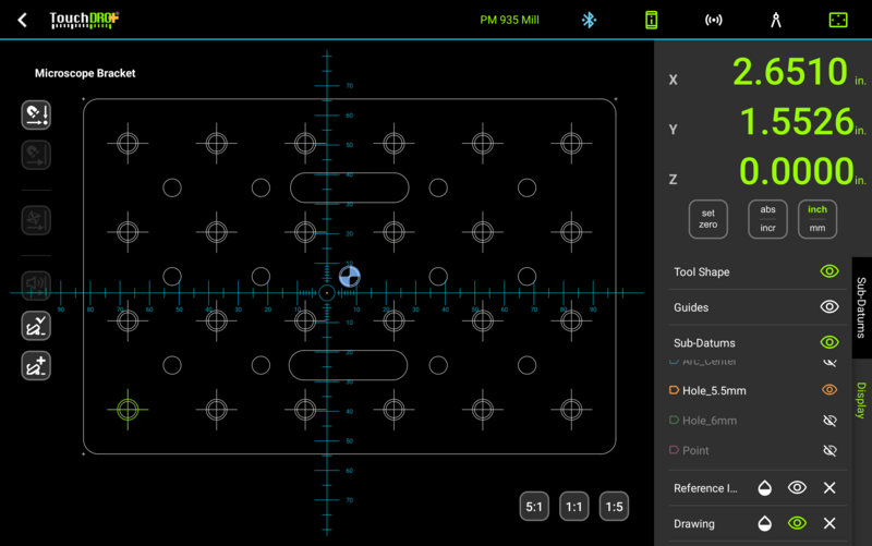 TouchDRO graphical view showing a fixture plate drawing with only one hole size visible through the tag filter