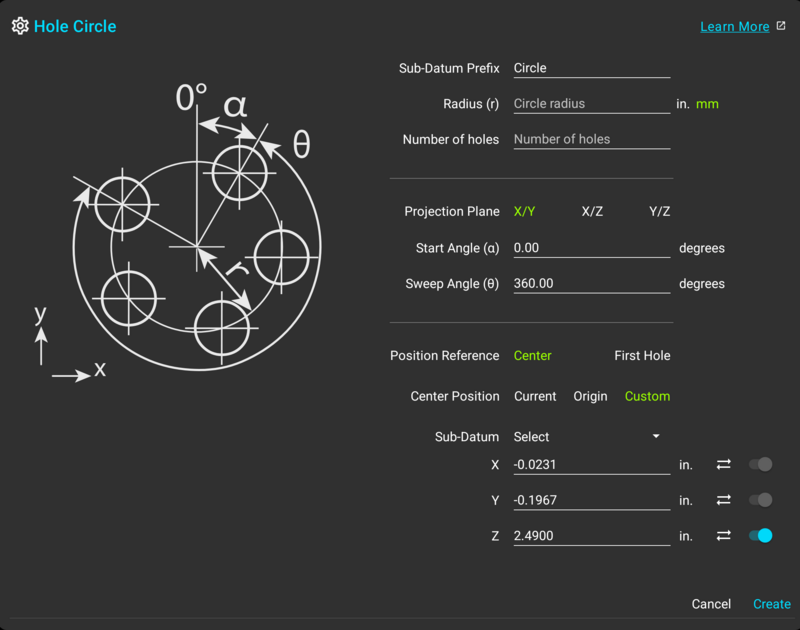 Hole Circle dialog with a custom center position expanded, showing sub-datum selection and X, Y, Z coordinate fields