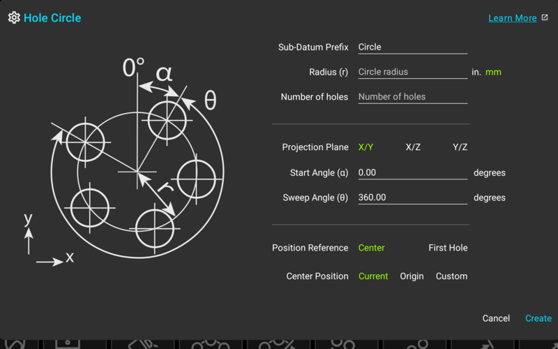 Hole Circle dialog on a TouchDRO mill digital readout with radius, number of holes, angles, and position controls