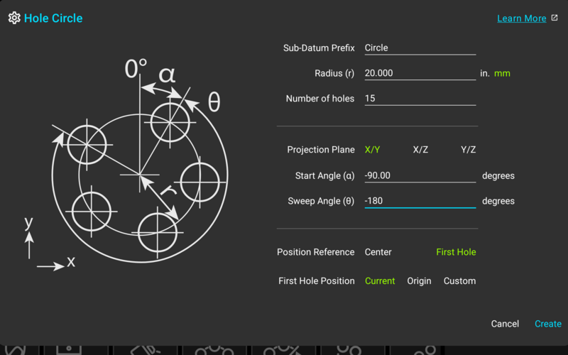 Hole Circle dialog filled in for a 15 hole half circle positioned by its first hole