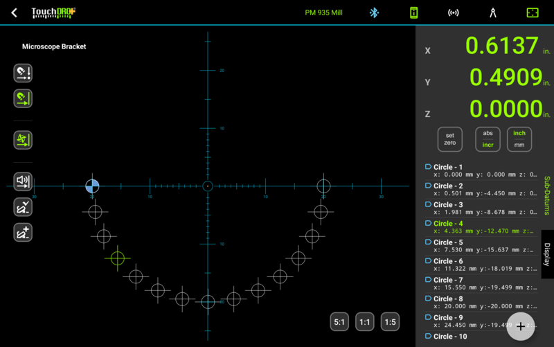 TouchDRO graphical view showing a concave 15 hole half circle with the first hole at the machine position