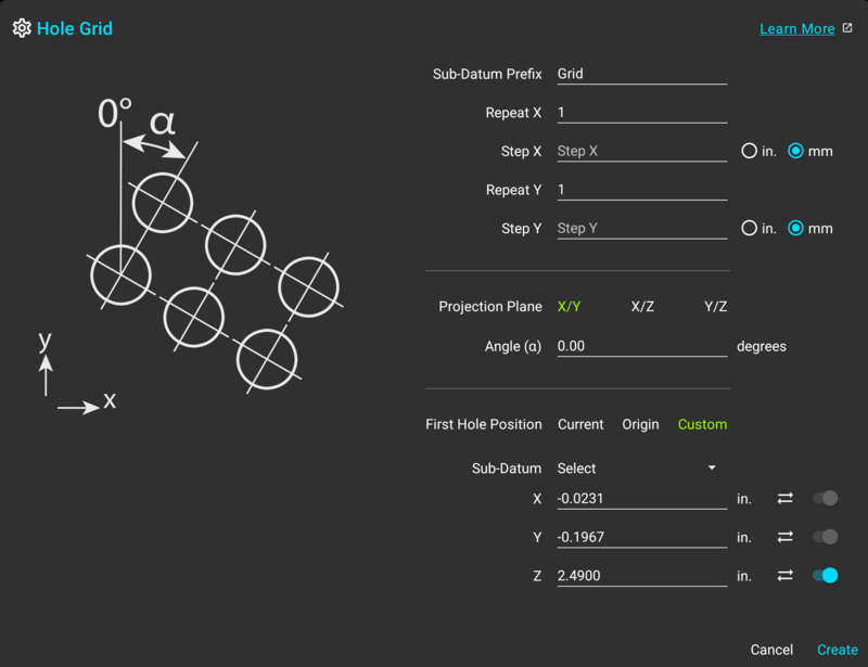 Hole Grid dialog with a custom first hole position expanded, showing sub-datum selection and coordinate fields