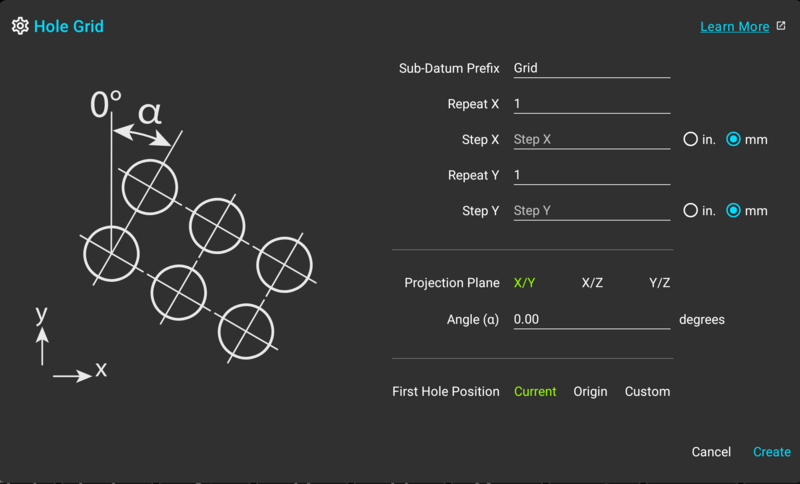 Hole Grid dialog on a TouchDRO mill digital readout with repeat, step, plane, and angle controls