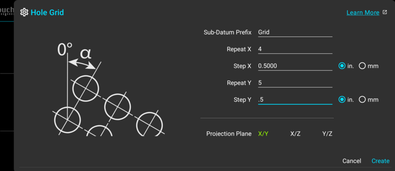 Hole Grid dialog filled in for a 4 by 5 grid with half inch spacing