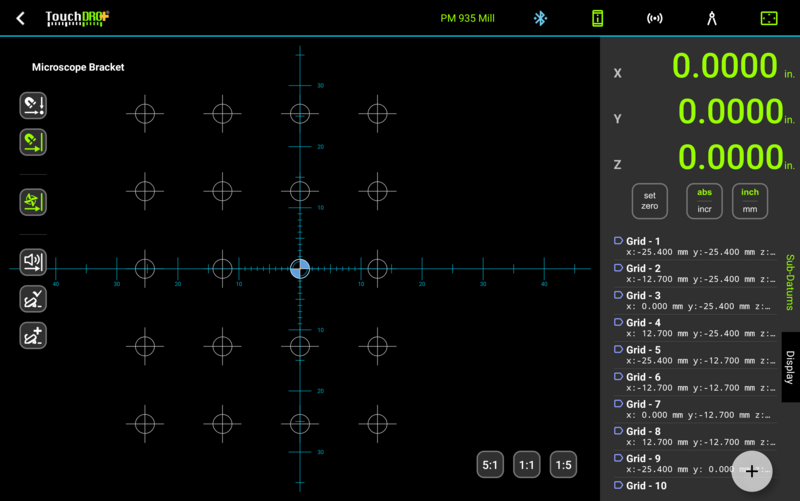 TouchDRO graphical view showing the created 4 by 5 hole grid with the holes listed in the sub-datum panel