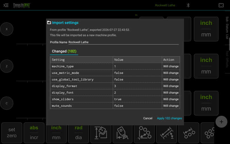 Fig. 9: The "Import settings" dialog, listing what the file will change