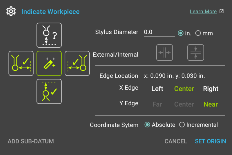 The "Indicate Workpiece" dialog in 3.24, with the "Auto" button selected and "Add Sub-Datum" at the bottom left TouchDRO 3.24 Indicate Workpiece dialog with the Auto (magic wand) edge button selected and the Add Sub-Datum button at the bottom left