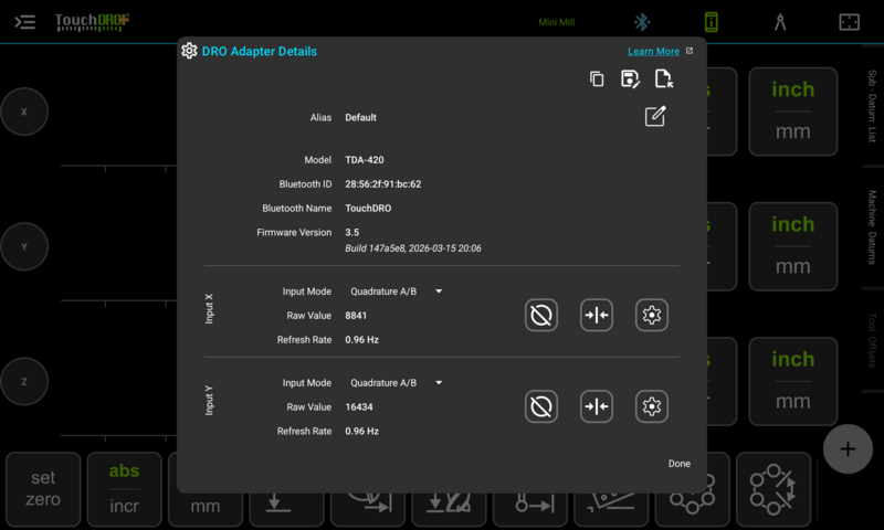 The DRO Adapter Details dialog: adapter information on top, one block per scale input below The DRO Adapter Details dialog showing the adapter model and firmware and a block of settings for each scale input