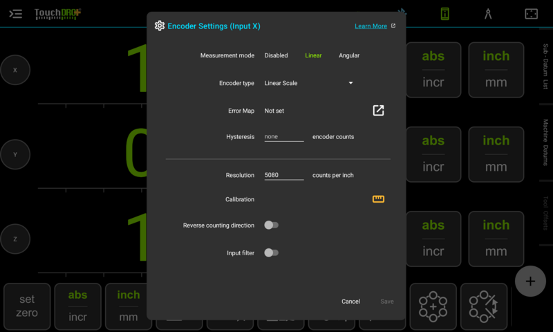 The Encoder Settings dialog for input X The Encoder Settings dialog for input X, with measurement mode, encoder type, resolution, calibration, and counting direction