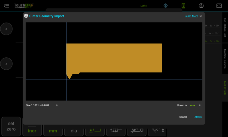 Fig. 2: Checking the origin and the size before attaching the outline TouchDRO Cutter Geometry Import dialog with a boring bar outline, blue origin lines crossing at the tool tip, a Size readout of 1.1811 by 0.4409 inches, and the Drawn in selector set to mm