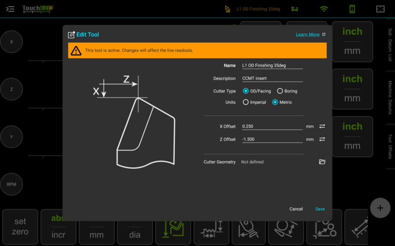 Fig. 4: The "Edit Tool" dialog opened on the applied tool The lathe Edit Tool dialog opened on the applied tool, with an orange notice under the title reading This tool is active, changes will affect the live readouts, above the name, cutter type, X and Z offset, and cutter geometry rows