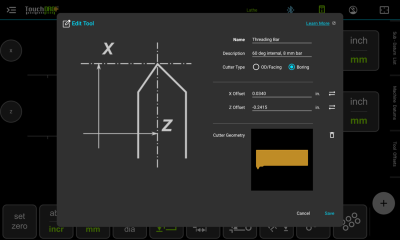 Fig. 3: The "Edit Tool" dialog with a cutter outline attached TouchDRO Edit Tool dialog for a boring bar with X and Z offsets filled in and an orange outline of the bar in the Cutter Geometry row