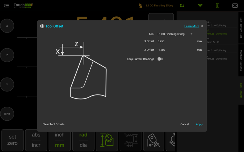 Fig. 2: The "Tool Offset" dialog with a saved tool selected The lathe Tool Offset dialog with a saved tool selected, its X and Z offsets shown as plain values in millimeters, the Keep Current Readings switch off, and the Clear Tool Offsets, Cancel, and Apply buttons