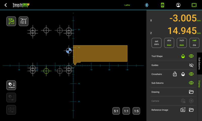 Fig. 1: An internal threading bar drawn to scale in the lathe graphical view TouchDRO lathe graphical view showing the orange outline of an internal threading bar drawn to scale, with its tip on the tool position marker next to the sub-datums of an internal thread
