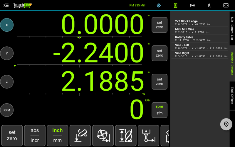 Fig. 1: The Machine Datums tab with several stored locations Fig. 1: The Machine Datums tab with several stored locations