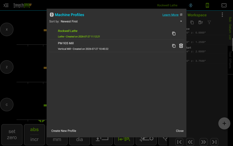 Fig. 1: The "Machine Profiles" dialog, with the current profile shown in green