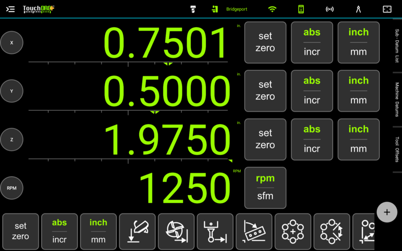 The TouchDRO main readout screen on a milling machine profile, with the toolbar across the top showing the white cutter icon and the Bridgeport profile name, four readout rows with their set zero, abs/incr, and inch/mm buttons, the collapsed side panel tabs on the right, and the function strip along the bottom