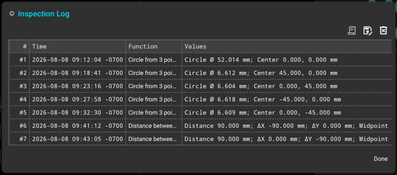 The Inspection Log dialog listing measurements by sequence number, time, function and values