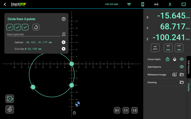 A finished Circle from 3 points measurement, with plus buttons beside the center and diameter rows and a note field above them